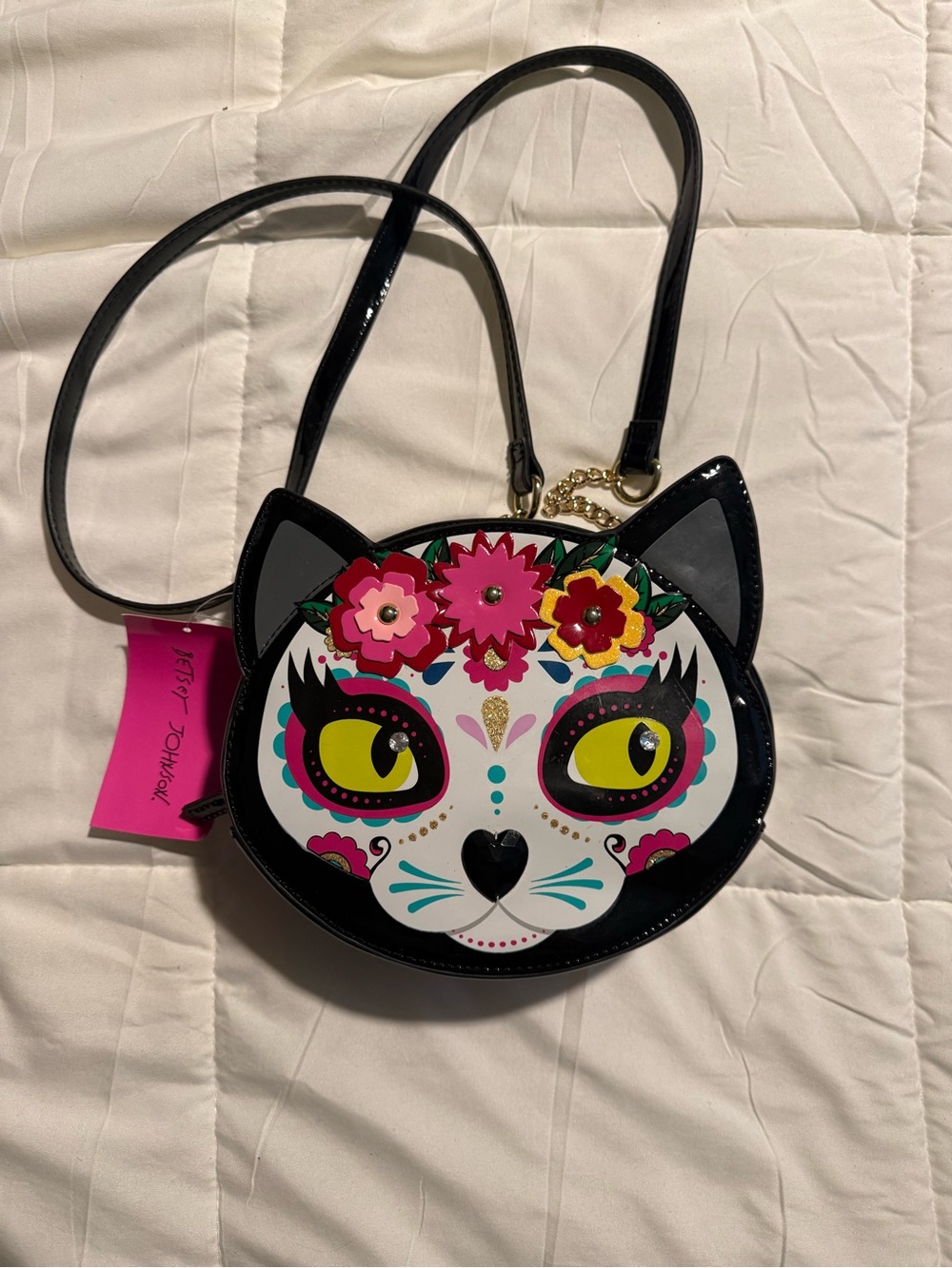 Betsey Johnson Black Floral Cat Face Crossbody with Yellow Eyes